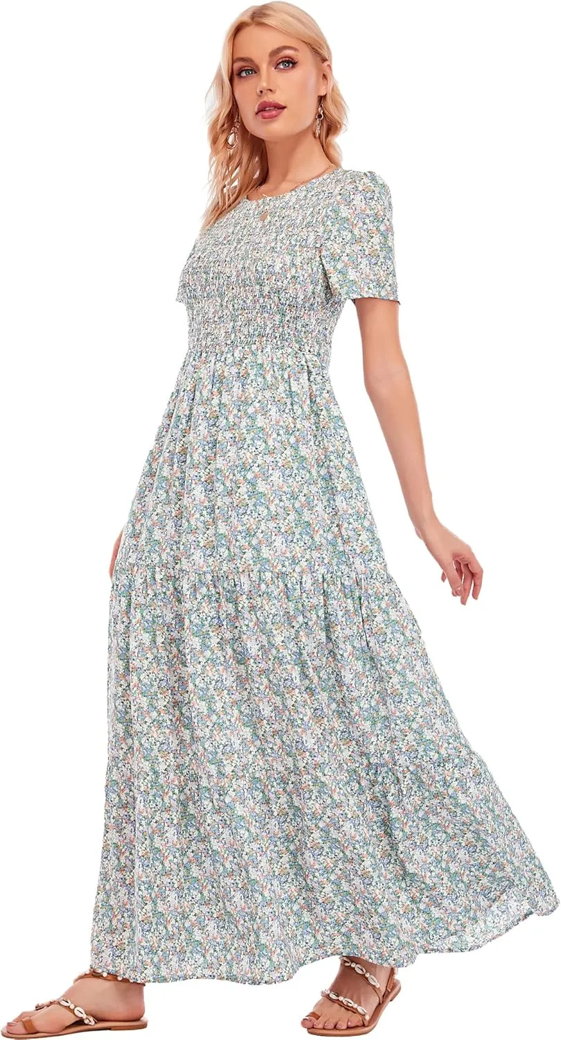 MANAIXUAN Women's Summer Casual Floral Print Party Maxi Dresses Short Sleeve A Line Long Tiered Sun Dress