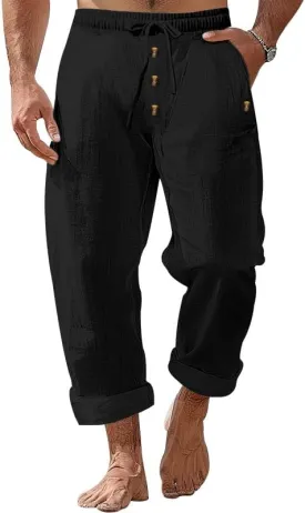 Mens Linen Casual Buttoned Baggy Loose Fit Elastic Drawstring Waist Straight Legs Yoga Beach Long Trousers Pants