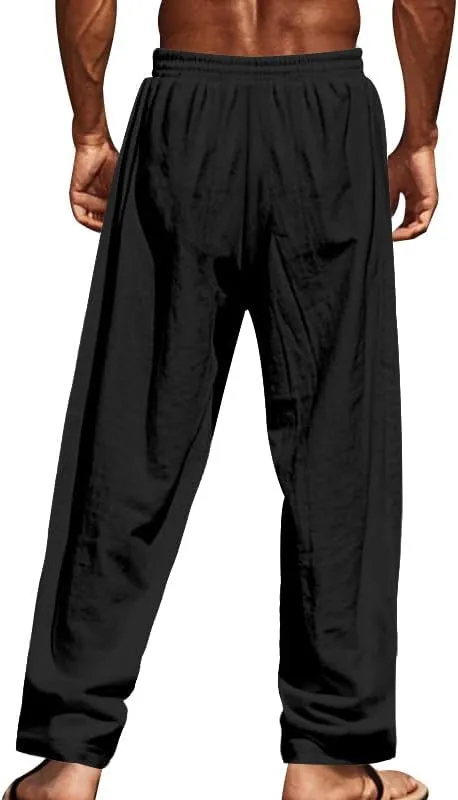 Mens Linen Casual Buttoned Baggy Loose Fit Elastic Drawstring Waist Straight Legs Yoga Beach Long Trousers Pants