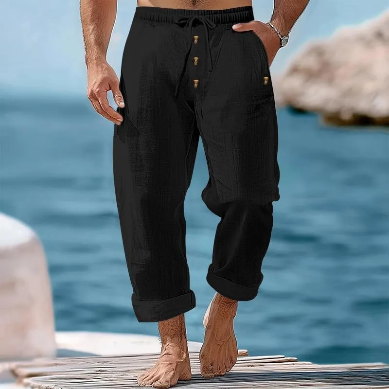 Mens Linen Casual Buttoned Baggy Loose Fit Elastic Drawstring Waist Straight Legs Yoga Beach Long Trousers Pants