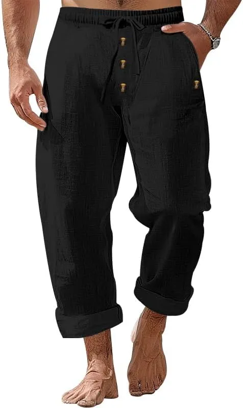 Mens Linen Casual Buttoned Baggy Loose Fit Elastic Drawstring Waist Straight Legs Yoga Beach Long Trousers Pants