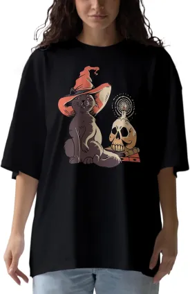 Mystical Cat Anime Oversized T-Shirts for Women, 100% Cotton T-Shirts, Perfect for Casual Wear & Gifting | WB.6.60