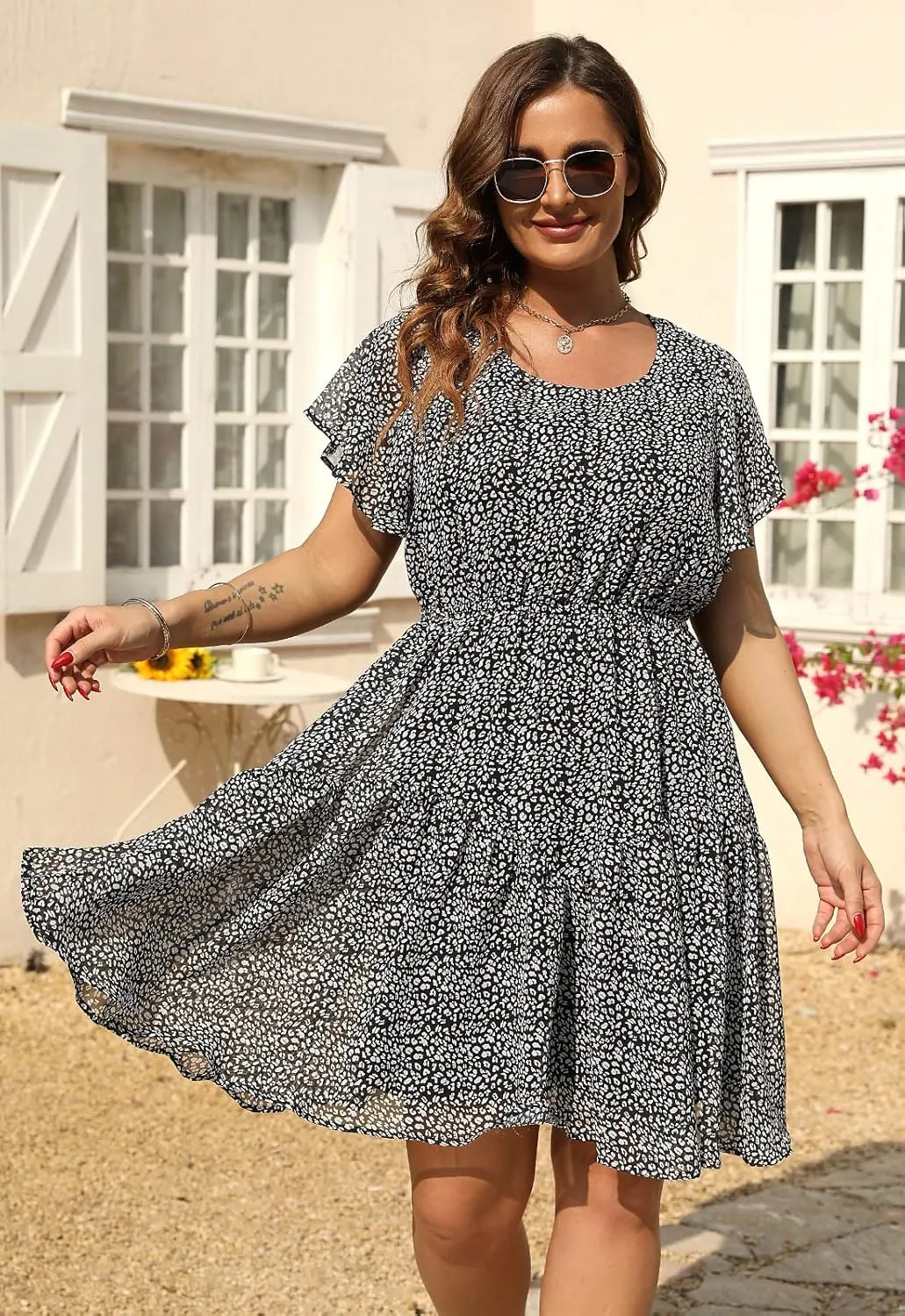 Nemidor Plus Size Summer Dresses for Curvy Women Casual Boho Midi Chiffon Print Floral Dress with Ruffle Sleeve 14-26