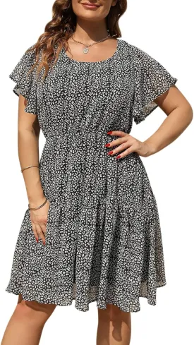 Nemidor Plus Size Summer Dresses for Curvy Women Casual Boho Midi Chiffon Print Floral Dress with Ruffle Sleeve 14-26