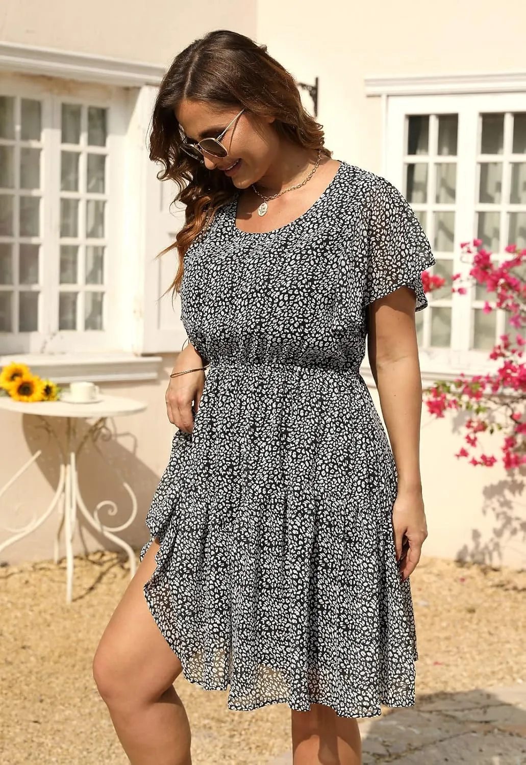 Nemidor Plus Size Summer Dresses for Curvy Women Casual Boho Midi Chiffon Print Floral Dress with Ruffle Sleeve 14-26