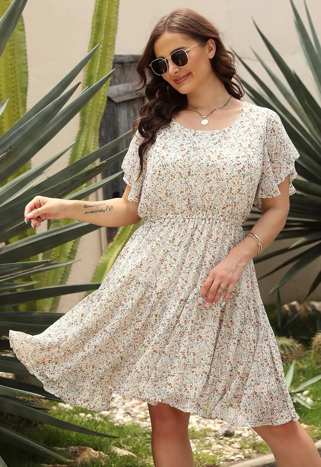 Nemidor Plus Size Summer Dresses for Curvy Women Casual Boho Midi Chiffon Print Floral Dress with Ruffle Sleeve 14-26