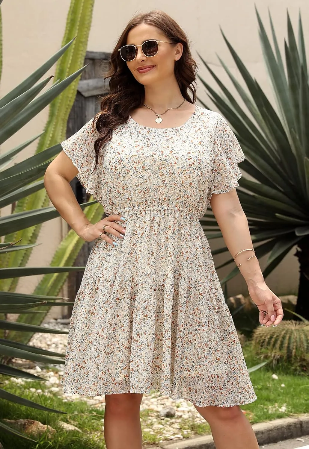 Nemidor Plus Size Summer Dresses for Curvy Women Casual Boho Midi Chiffon Print Floral Dress with Ruffle Sleeve 14-26
