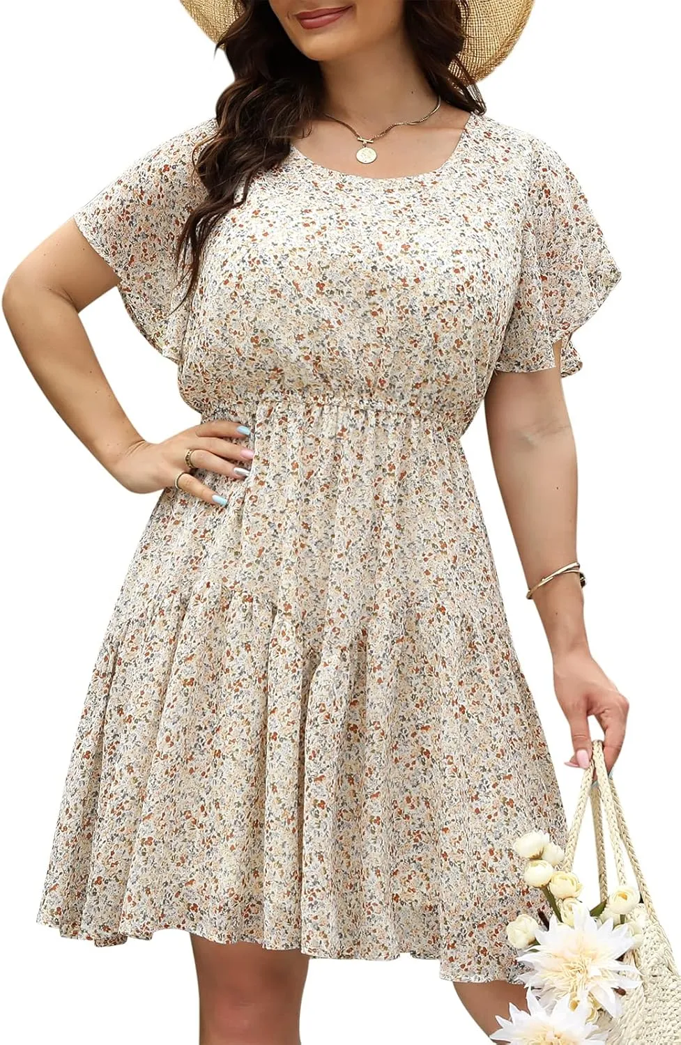 Nemidor Plus Size Summer Dresses for Curvy Women Casual Boho Midi Chiffon Print Floral Dress with Ruffle Sleeve 14-26