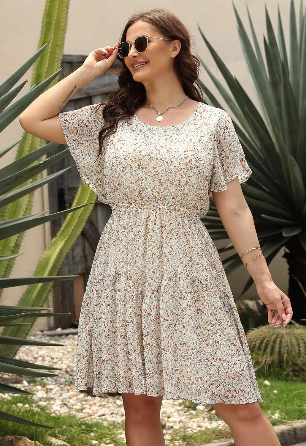 Nemidor Plus Size Summer Dresses for Curvy Women Casual Boho Midi Chiffon Print Floral Dress with Ruffle Sleeve 14-26