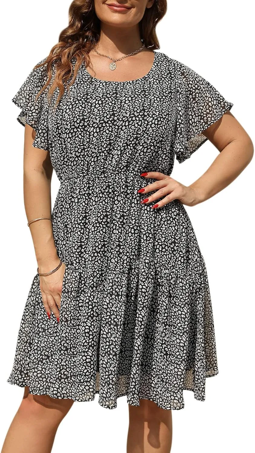 Nemidor Plus Size Summer Dresses for Curvy Women Casual Boho Midi Chiffon Print Floral Dress with Ruffle Sleeve 14-26