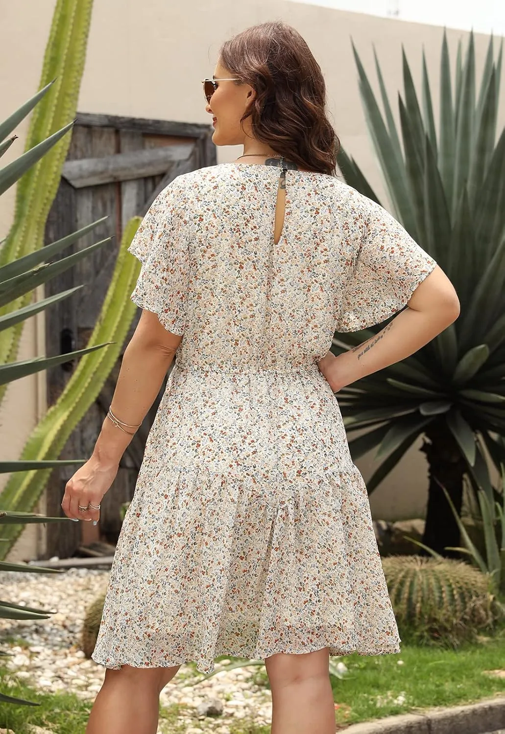 Nemidor Plus Size Summer Dresses for Curvy Women Casual Boho Midi Chiffon Print Floral Dress with Ruffle Sleeve 14-26