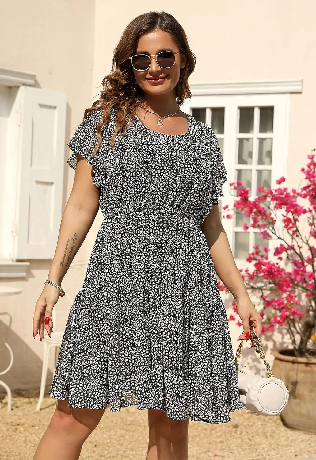 Nemidor Plus Size Summer Dresses for Curvy Women Casual Boho Midi Chiffon Print Floral Dress with Ruffle Sleeve 14-26