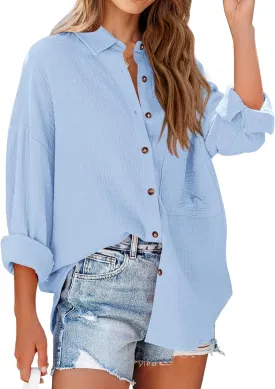 NOLLSOM Casual Shirts for Women Long Sleeve Button Down Blouses Fall 2025 Solid Color Trendy Tops with Pocket