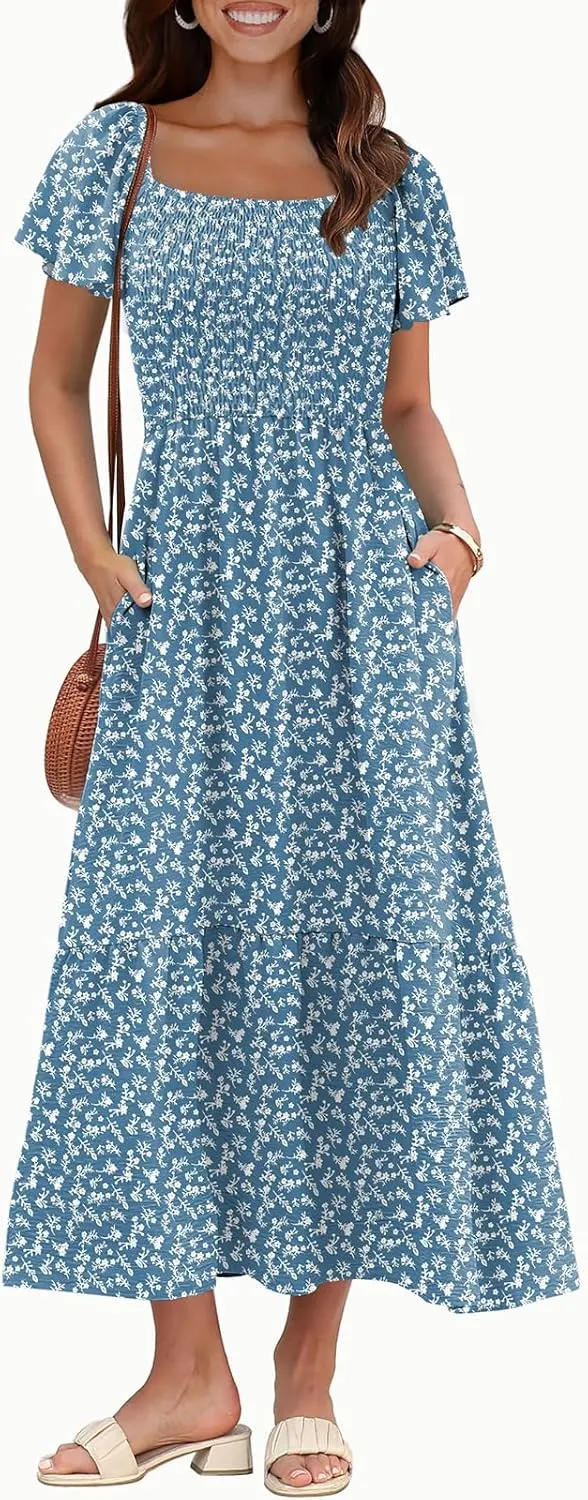 OFEEFAN Summer Dresses for Women Square Neck Ruffle Sleeve Smocked Maxi Dress with Pockets
