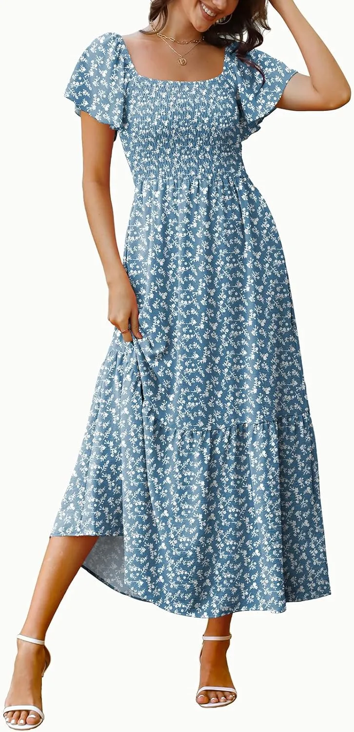 OFEEFAN Summer Dresses for Women Square Neck Ruffle Sleeve Smocked Maxi Dress with Pockets