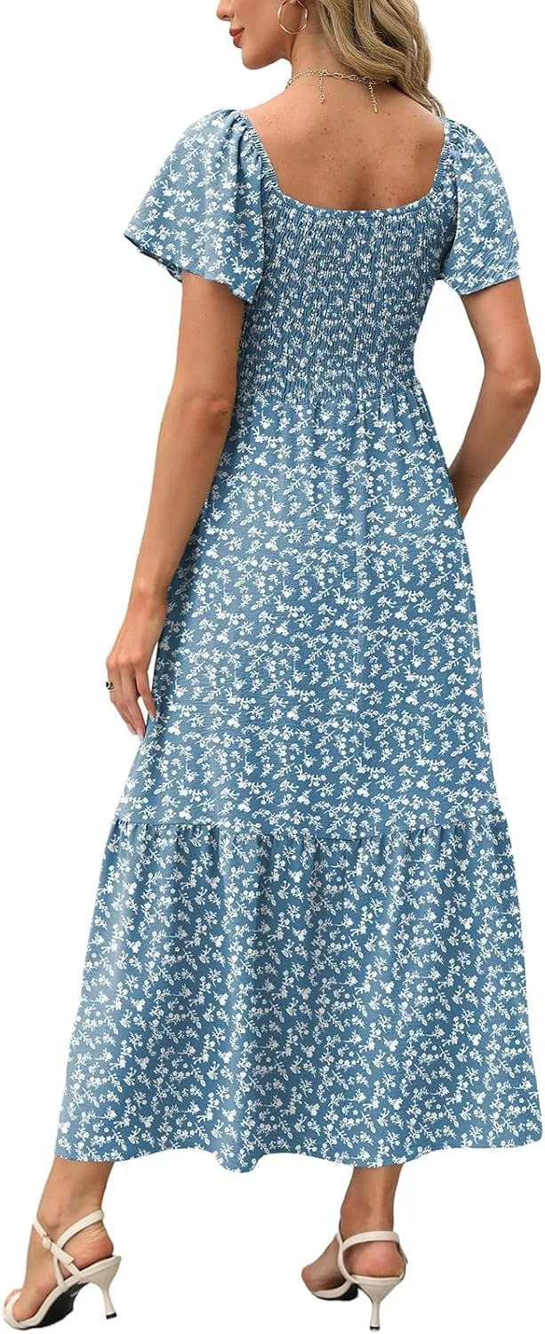 OFEEFAN Summer Dresses for Women Square Neck Ruffle Sleeve Smocked Maxi Dress with Pockets