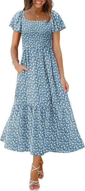 OFEEFAN Summer Dresses for Women Square Neck Ruffle Sleeve Smocked Maxi Dress with Pockets