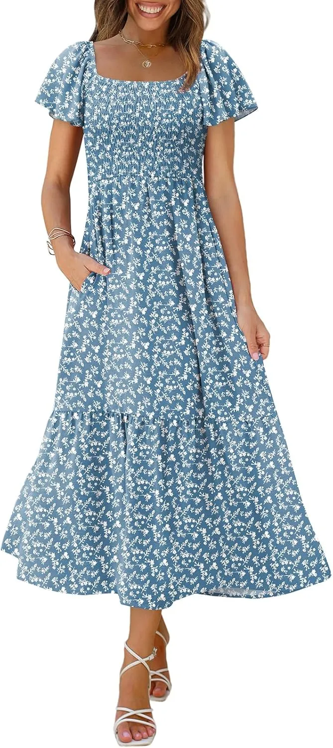 OFEEFAN Summer Dresses for Women Square Neck Ruffle Sleeve Smocked Maxi Dress with Pockets