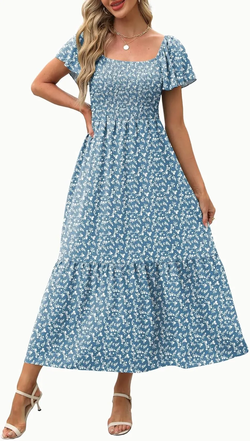 OFEEFAN Summer Dresses for Women Square Neck Ruffle Sleeve Smocked Maxi Dress with Pockets