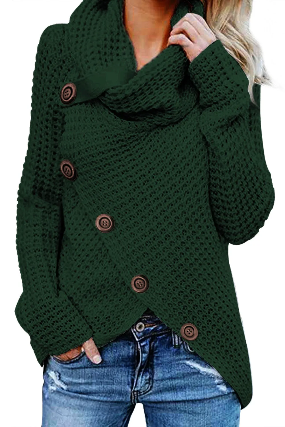 Olive Green Buttoned Wrap Turtleneck Sweater