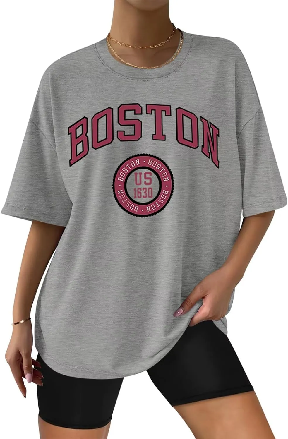 ORANDESIGNE Women Oversized Letter Print T Shirts Crewneck Graphic Short Sleeve Tees