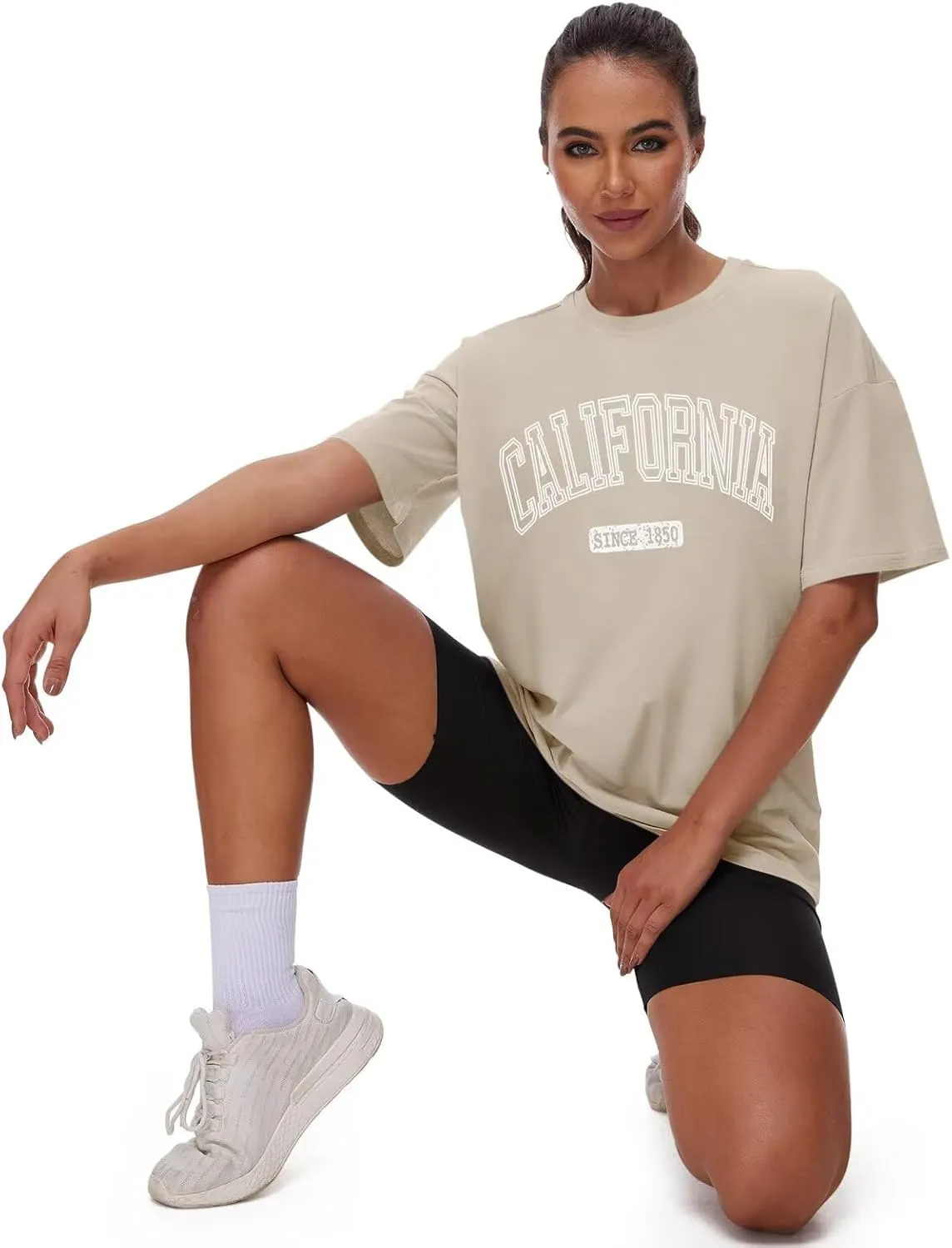 ORANDESIGNE Women Oversized Letter Print T Shirts Crewneck Graphic Short Sleeve Tees