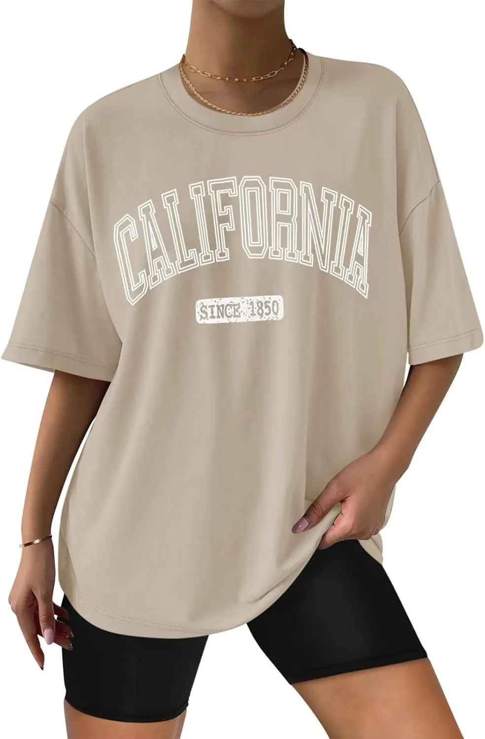 ORANDESIGNE Women Oversized Letter Print T Shirts Crewneck Graphic Short Sleeve Tees