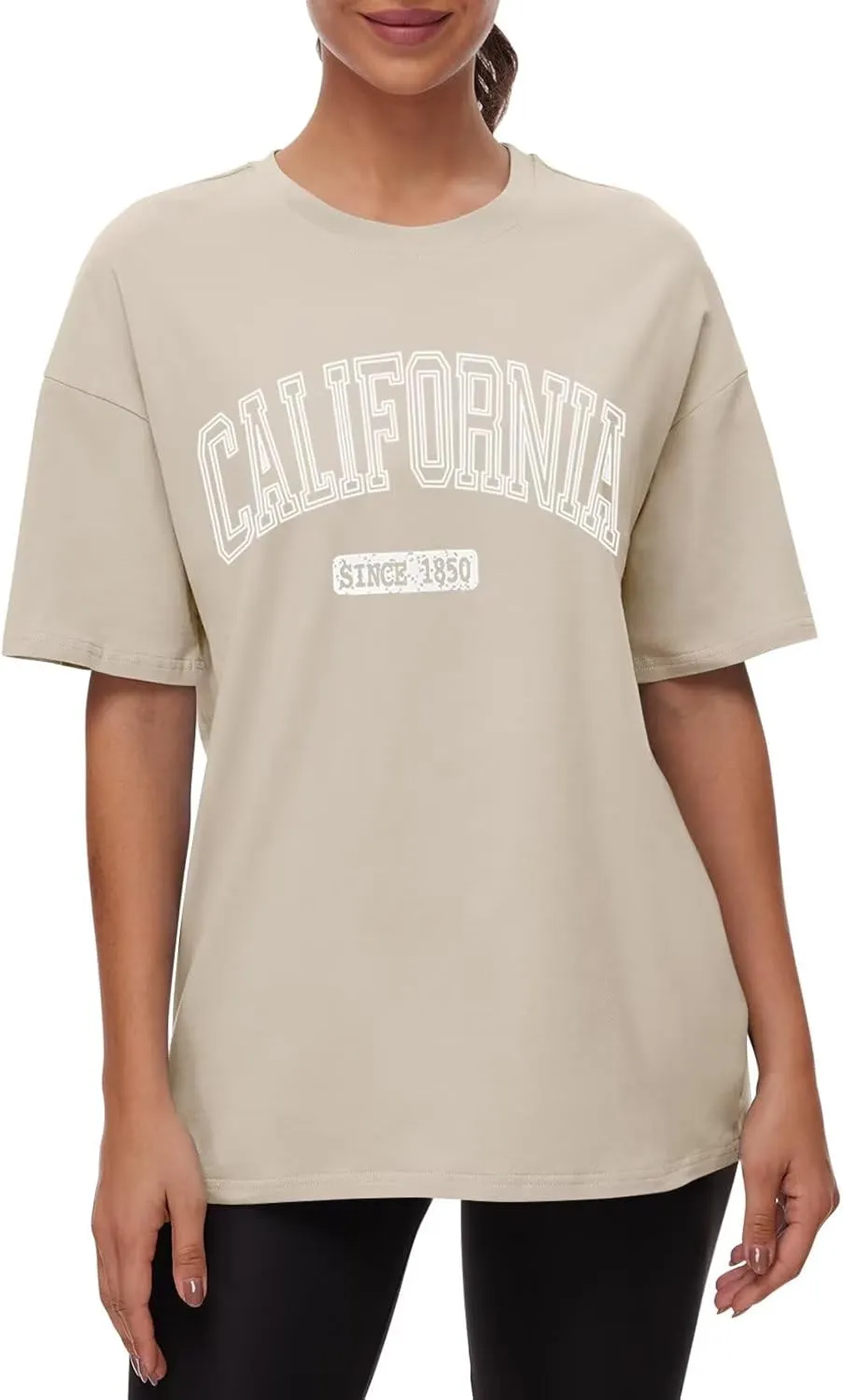 ORANDESIGNE Women Oversized Letter Print T Shirts Crewneck Graphic Short Sleeve Tees