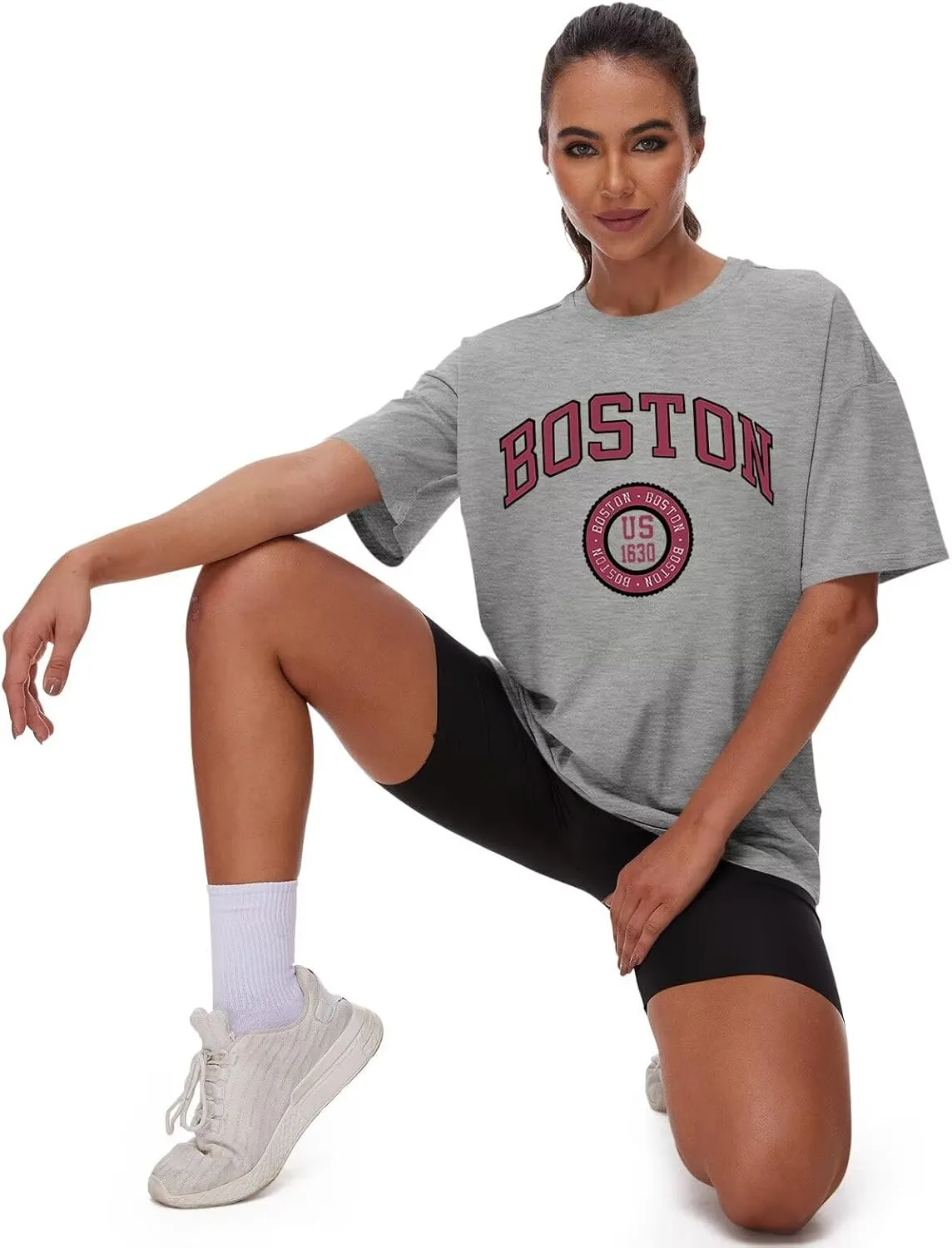 ORANDESIGNE Women Oversized Letter Print T Shirts Crewneck Graphic Short Sleeve Tees