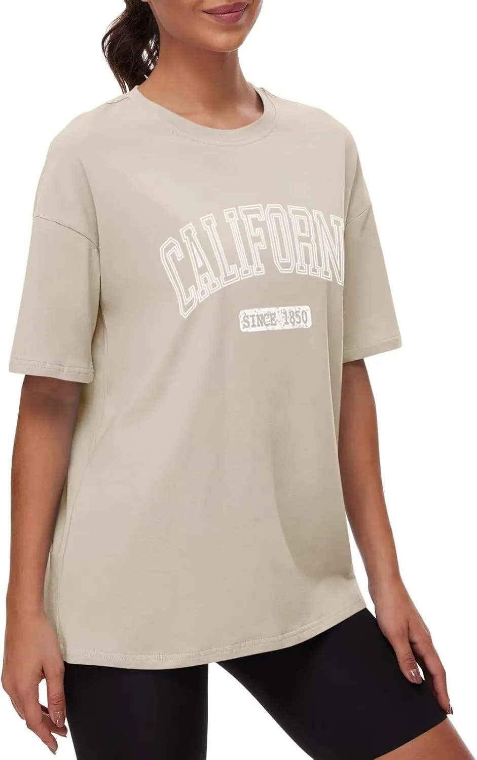 ORANDESIGNE Women Oversized Letter Print T Shirts Crewneck Graphic Short Sleeve Tees