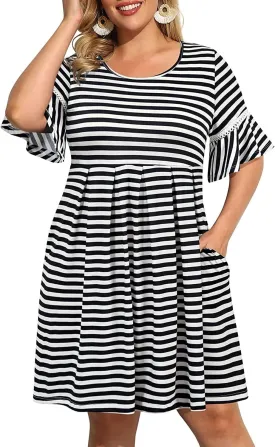 Pinup Fashion Women's Plus Size Bell Sleeve Round Neck Casual Summer Knit Babydoll Swing Sundress Pockets