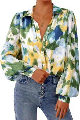PRETTYGARDEN Women's Floral Blouses Dressy Casual V Neck Button Down Shirts Lantern Long Sleeve Boho Chiffon Spring Tops 2025