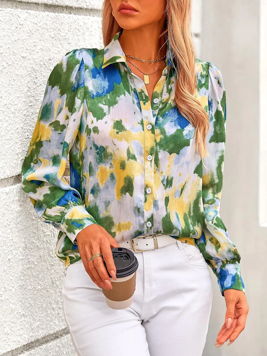 PRETTYGARDEN Women's Floral Blouses Dressy Casual V Neck Button Down Shirts Lantern Long Sleeve Boho Chiffon Spring Tops 2025