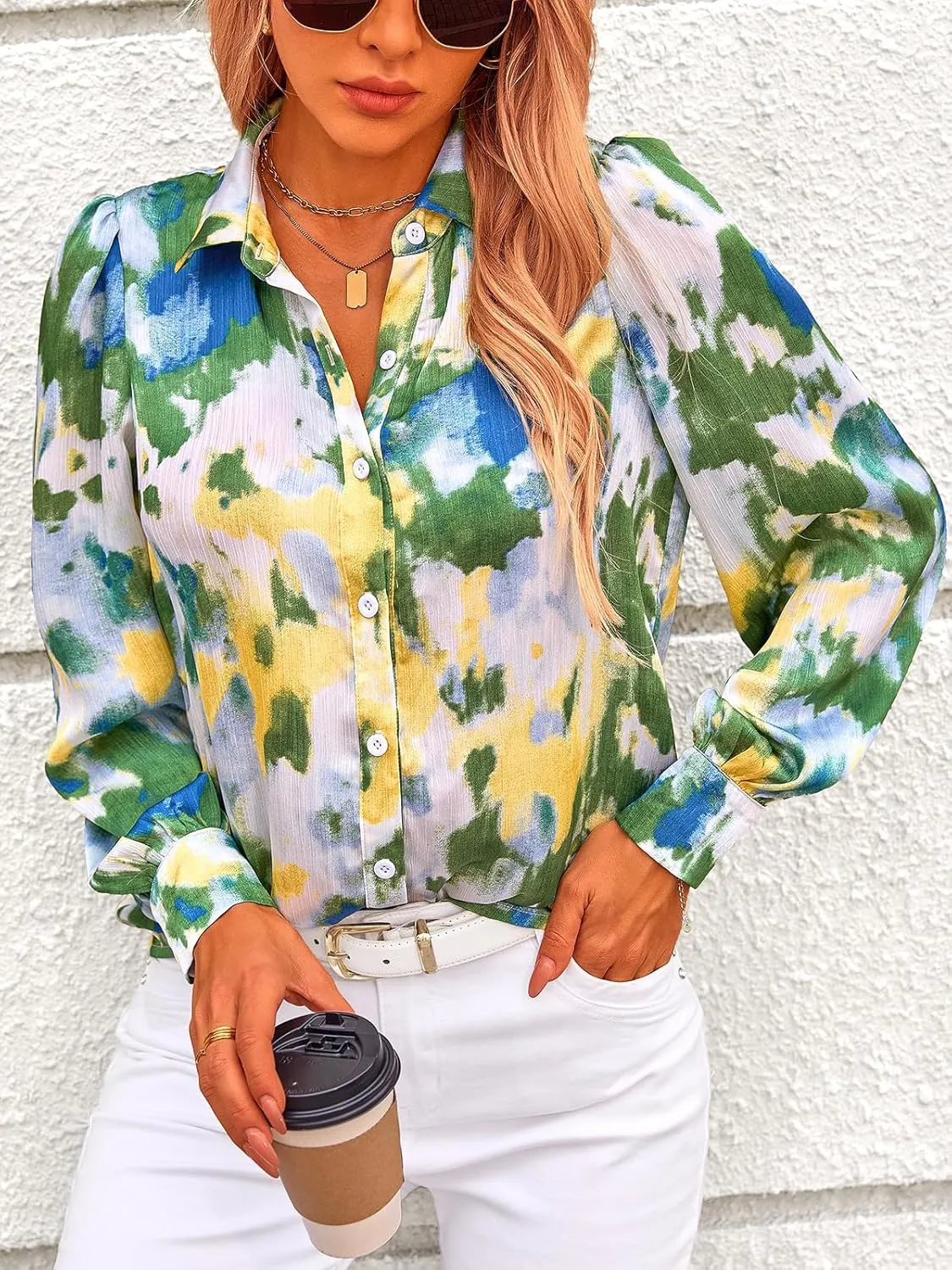 PRETTYGARDEN Women's Floral Blouses Dressy Casual V Neck Button Down Shirts Lantern Long Sleeve Boho Chiffon Spring Tops 2025