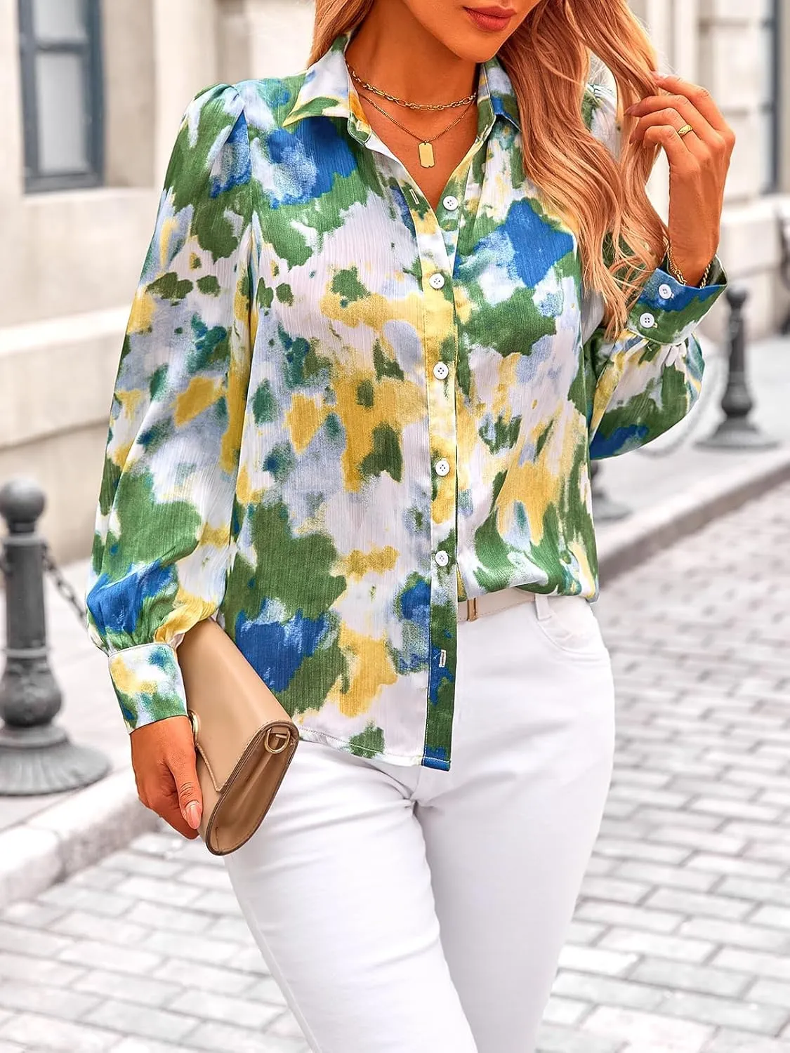 PRETTYGARDEN Women's Floral Blouses Dressy Casual V Neck Button Down Shirts Lantern Long Sleeve Boho Chiffon Spring Tops 2025