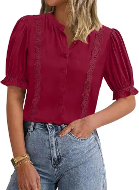 PRETTYGARDEN Womens Puff Ruffle Sleeve Tops 2025 Summer Trendy V Neck Button Down Shirts Casual Embroidery Chiffon Blouses
