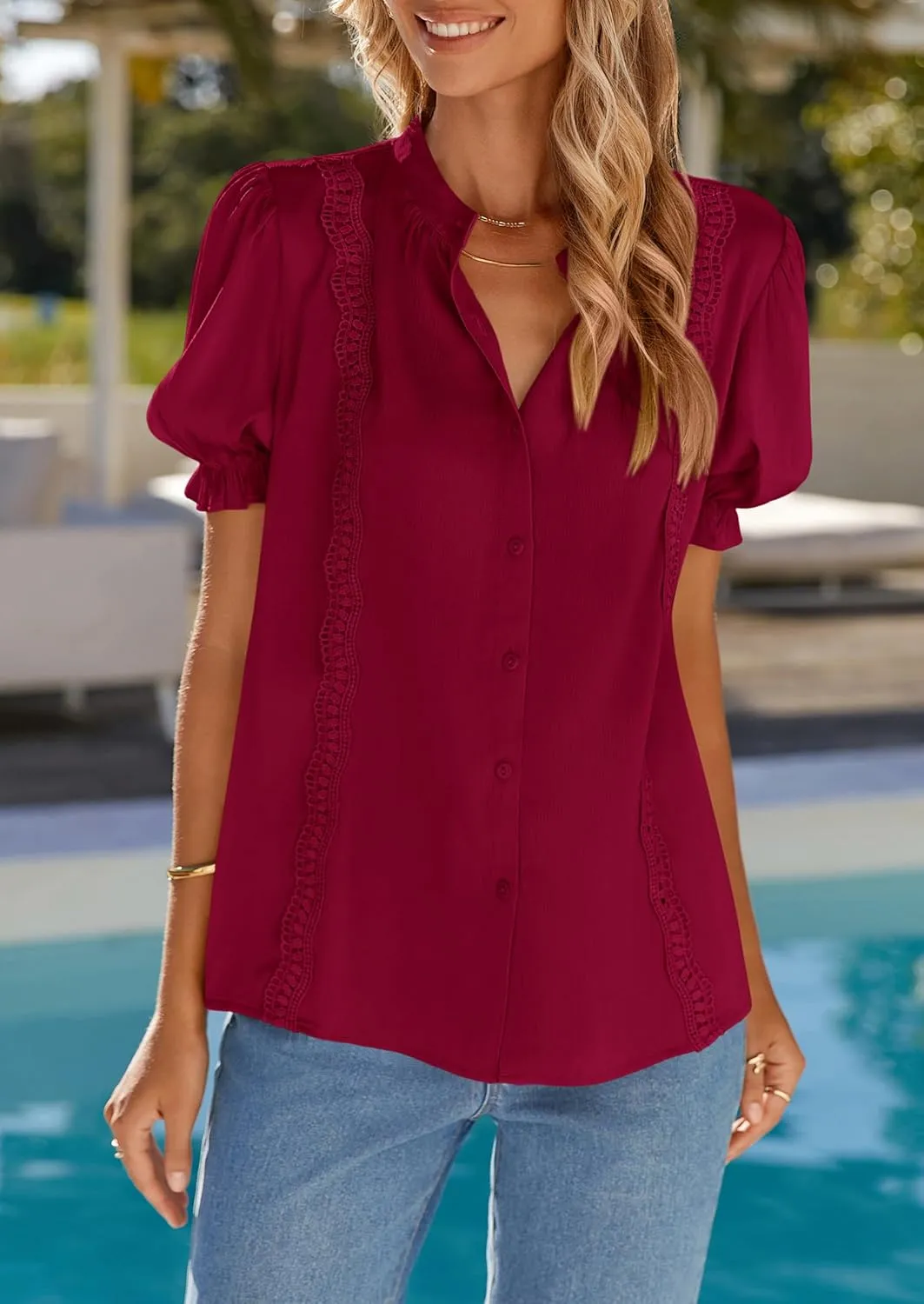 PRETTYGARDEN Womens Puff Ruffle Sleeve Tops 2025 Summer Trendy V Neck Button Down Shirts Casual Embroidery Chiffon Blouses