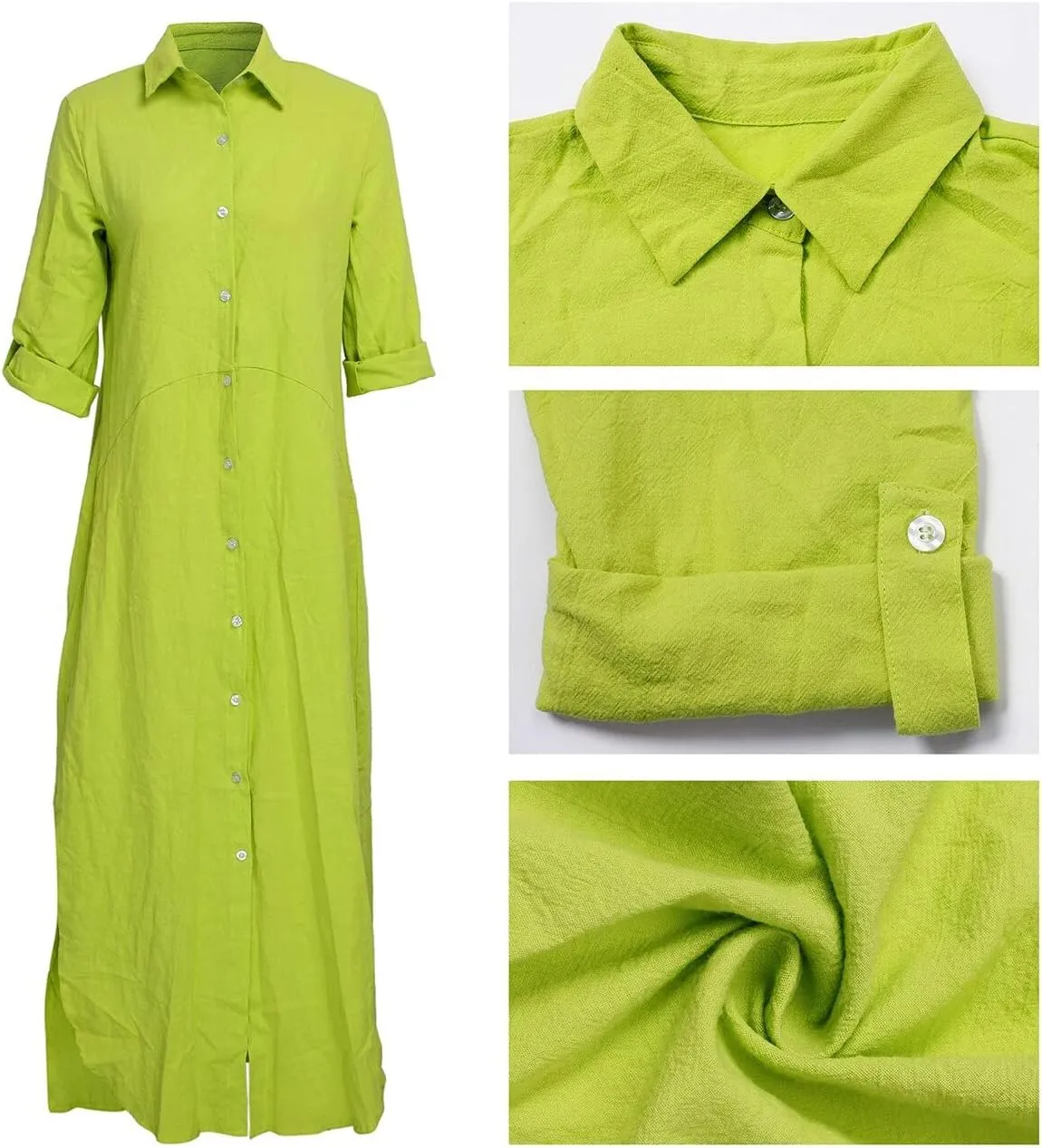qfmqkpi Women's Solid Color 3/4 Rolled-Up Sleeve Shirts Dress Buttons Down Side Slit Maxi Dresses