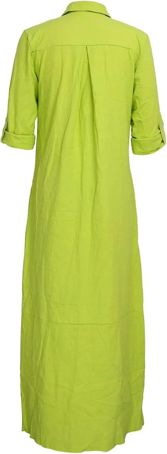 qfmqkpi Women's Solid Color 3/4 Rolled-Up Sleeve Shirts Dress Buttons Down Side Slit Maxi Dresses