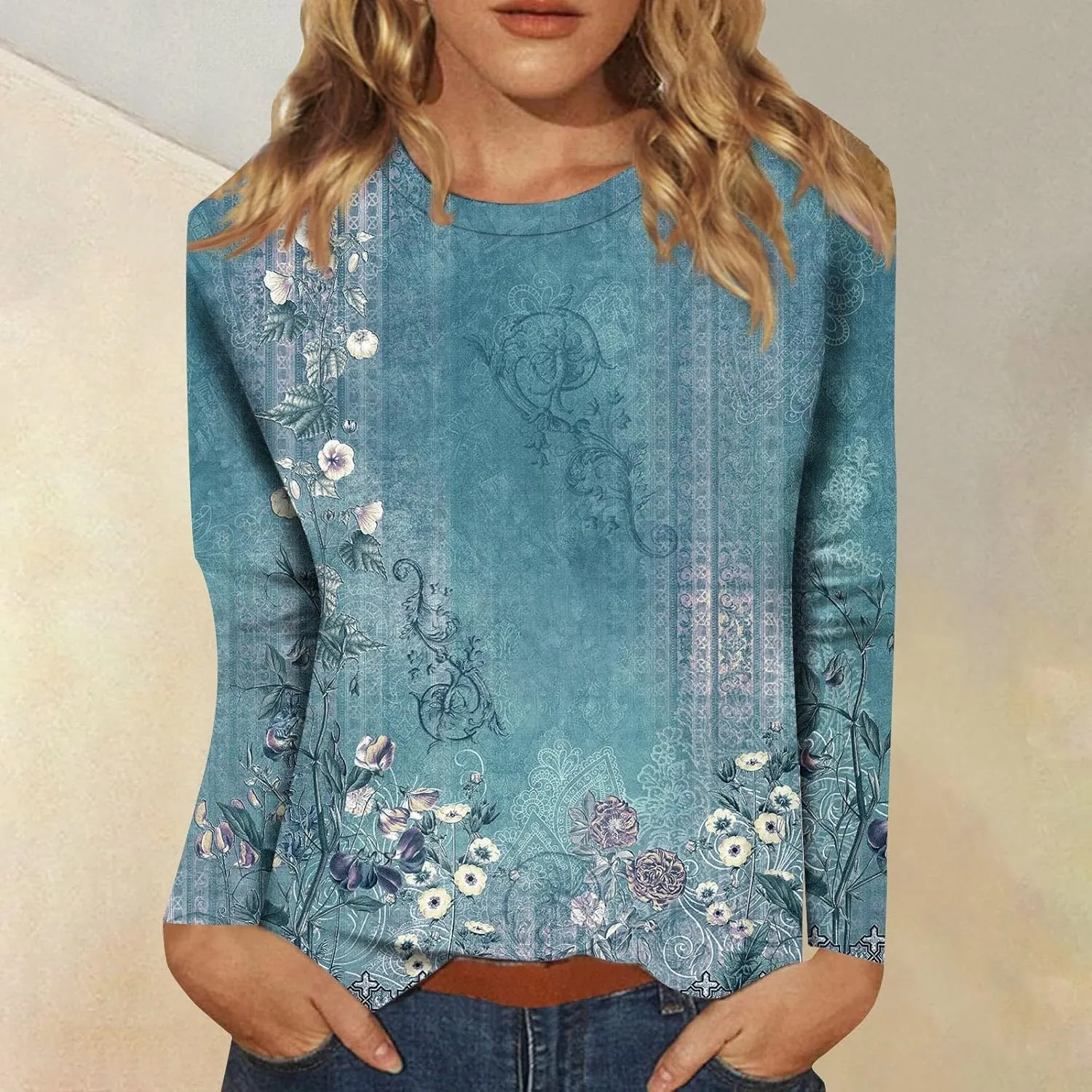 Shirts for Women Long Sleeve Crew Neck Tops Fall Tee Ladies Casual Loose Fit Printed Cute Basic Comfy Work Blouse