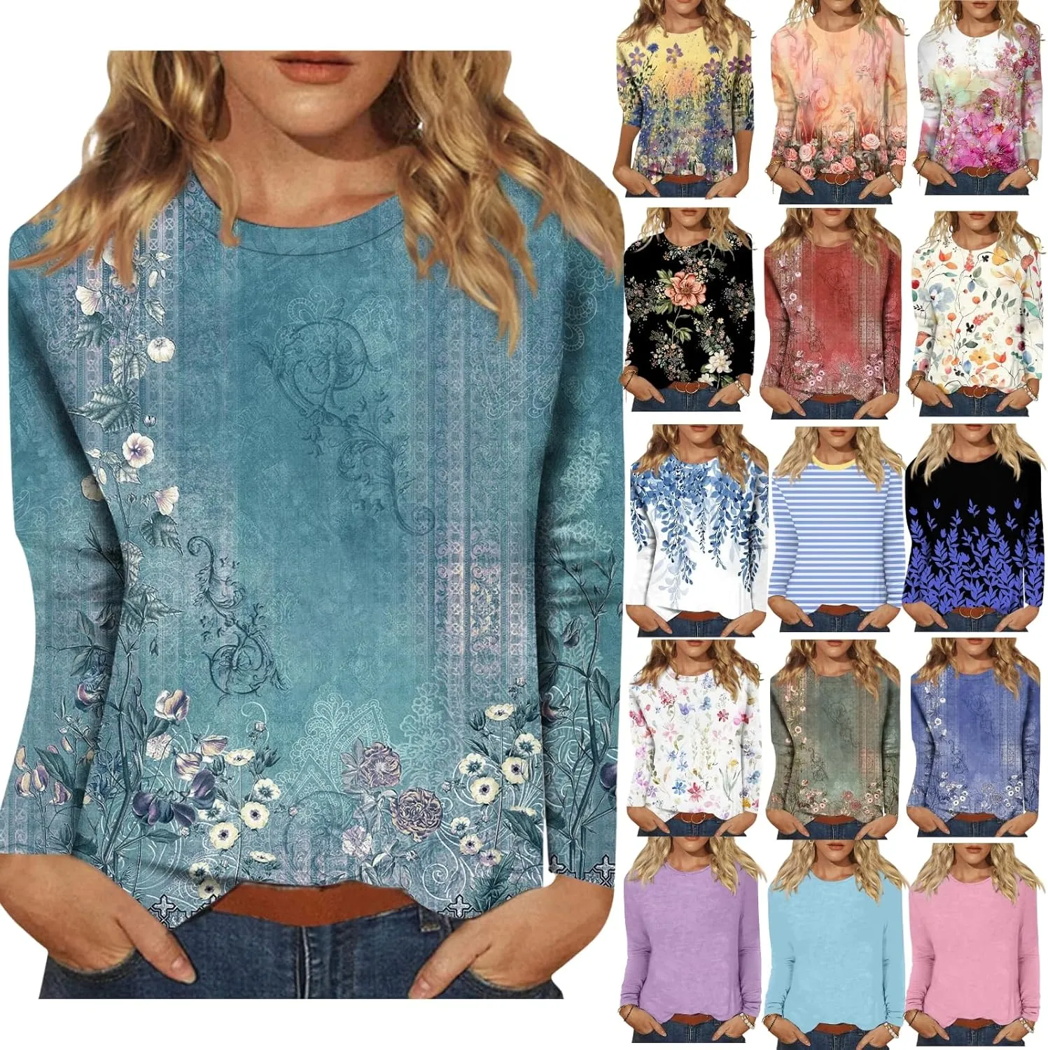 Shirts for Women Long Sleeve Crew Neck Tops Fall Tee Ladies Casual Loose Fit Printed Cute Basic Comfy Work Blouse