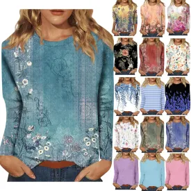 Shirts for Women Long Sleeve Crew Neck Tops Fall Tee Ladies Casual Loose Fit Printed Cute Basic Comfy Work Blouse
