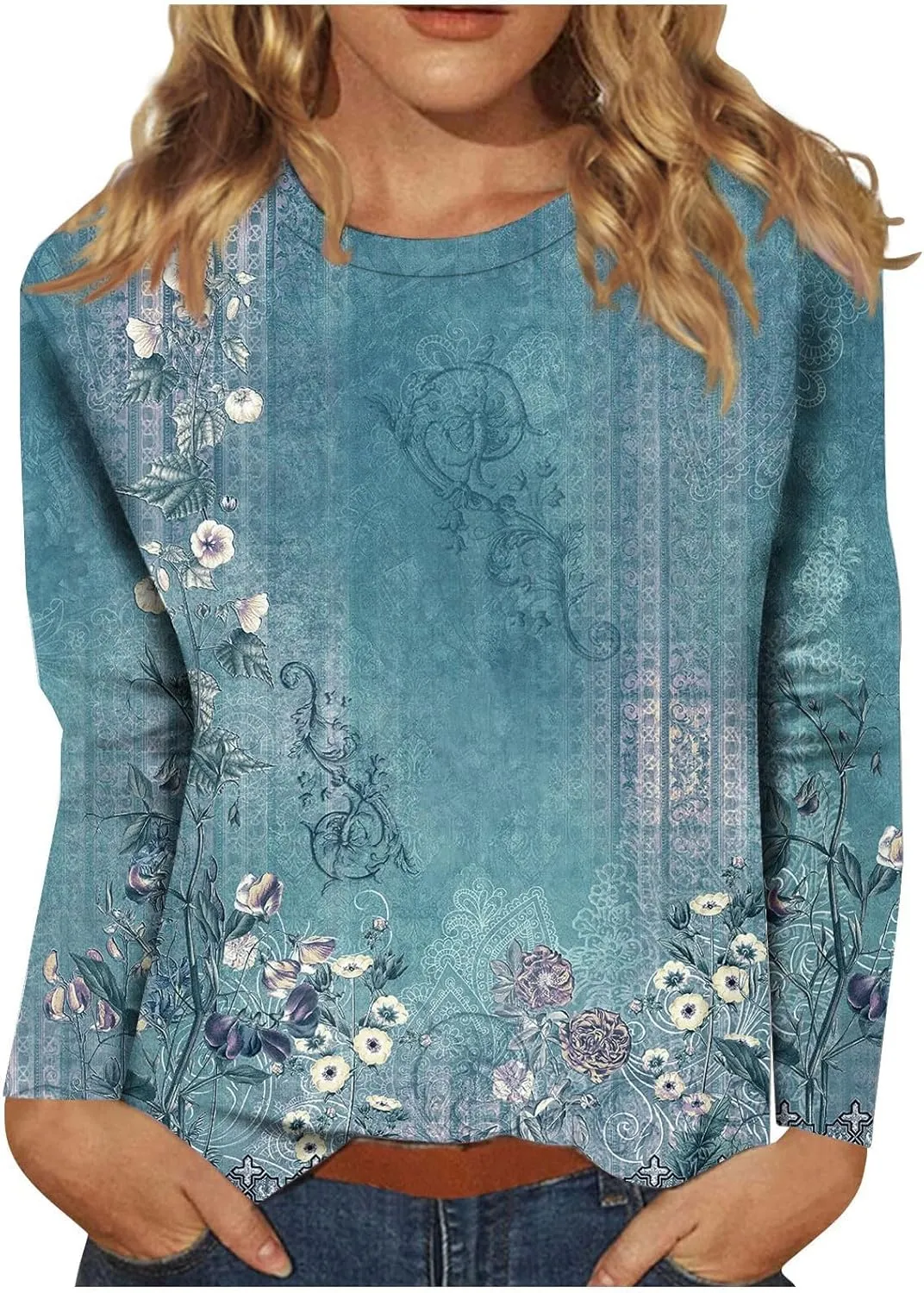 Shirts for Women Long Sleeve Crew Neck Tops Fall Tee Ladies Casual Loose Fit Printed Cute Basic Comfy Work Blouse