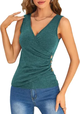 SweatyRocks Women's Wrap Ruched Tank Tops V-Neck Solid Button Design Slim Fit Casual Holiday Summer Tee Tops