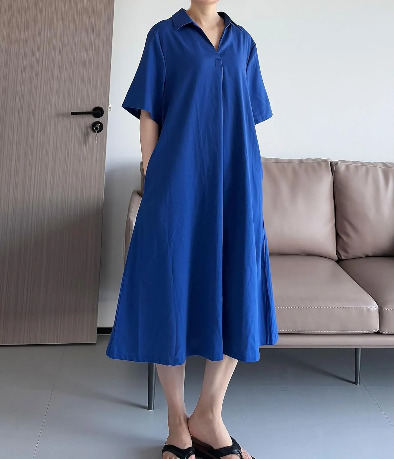 Tebreux Women's Cotton Linen Dress Plus Size V Neck Short Sleeve Casual Shirt Dresses with Pockets