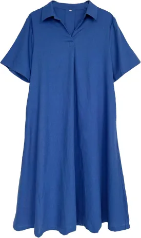 Tebreux Women's Cotton Linen Dress Plus Size V Neck Short Sleeve Casual Shirt Dresses with Pockets