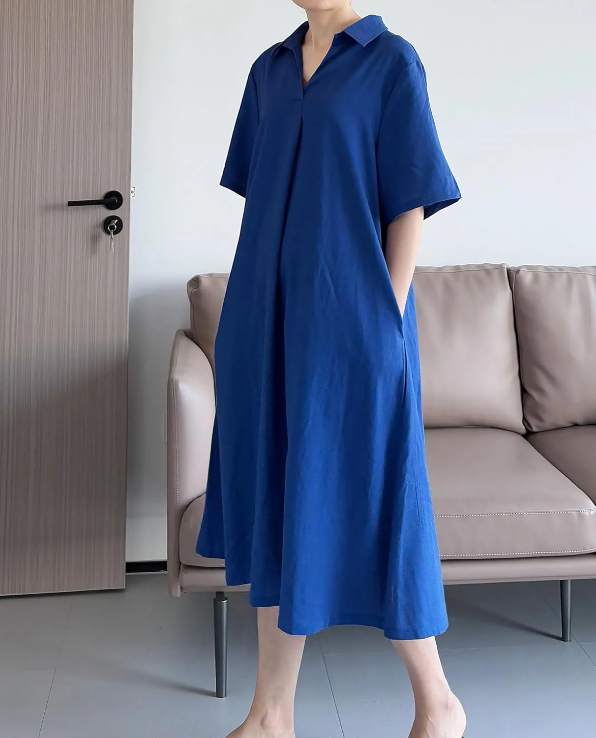 Tebreux Women's Cotton Linen Dress Plus Size V Neck Short Sleeve Casual Shirt Dresses with Pockets