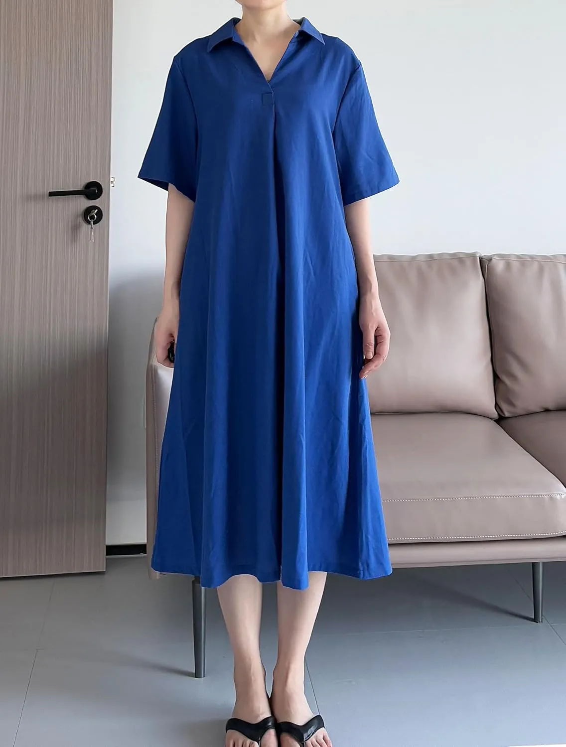 Tebreux Women's Cotton Linen Dress Plus Size V Neck Short Sleeve Casual Shirt Dresses with Pockets