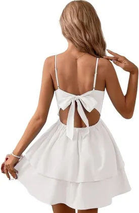 utcoco Womens 2025 Summer Casual Spaghetti Strap Mini Dress Bow Tie Back Cut Out Tiered A-Line Boho Sundress
