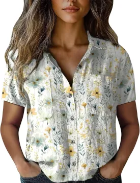 Vintage Boho Tops for Women Floral Print Button Down Shirt Casual Short Sleeve Lightweight Fashion Linen Blouses